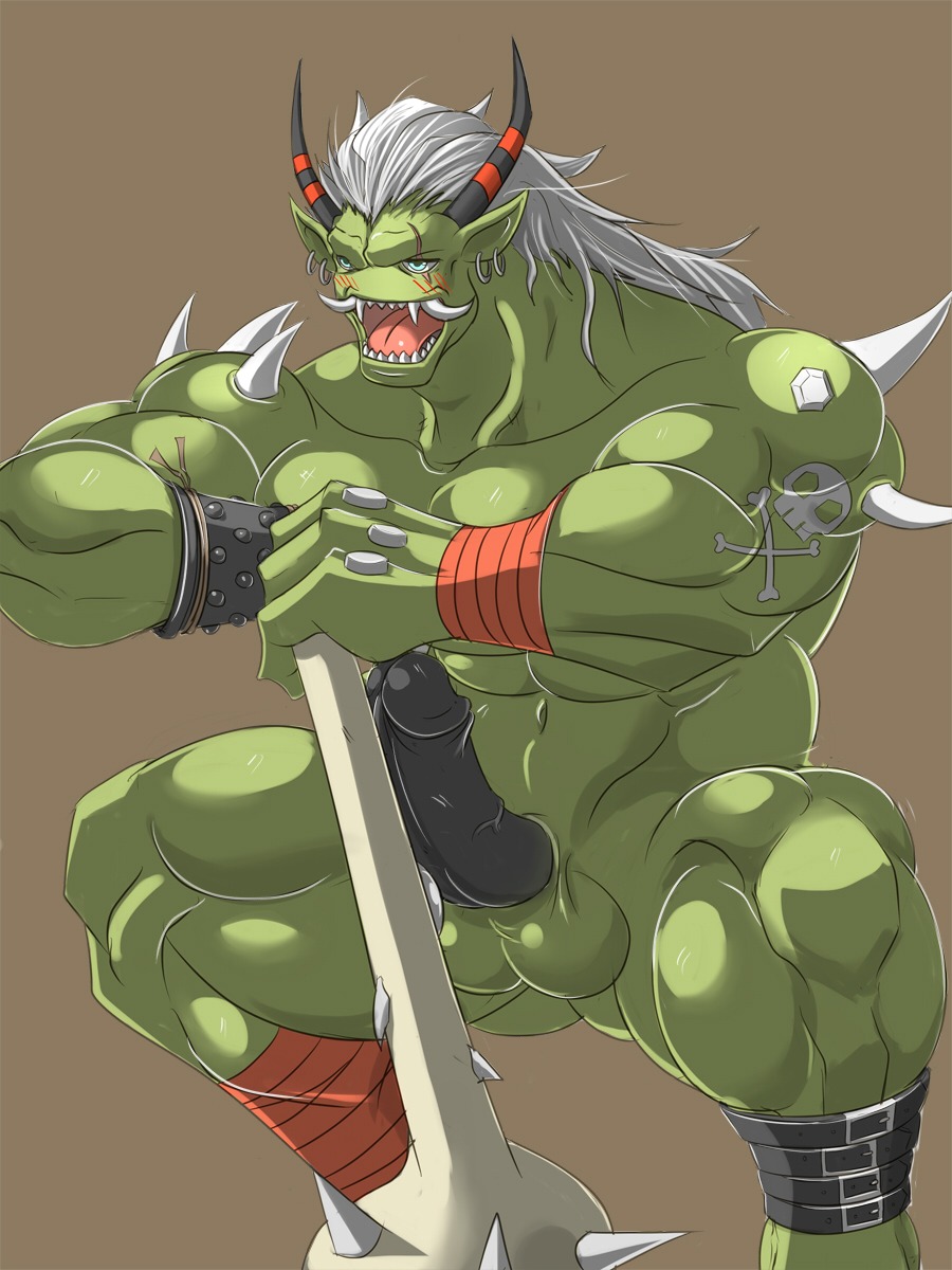 2012 3:4 abs animal_genitalia anthro armor athletic balls bandai_namco biceps big_muscles big_penis biped black_glans black_penis blue_eyes blush bone crouching digimon digimon_(species) e621 ear_piercing erection fangs genitals glans green_balls green_body green_skin hair hi_res horn humanoid humanoid_genitalia humanoid_penis male muscular muscular_anthro muscular_male nude ogre ogremon open_mouth pecs penis piercing pose reclamon scales scar sheath solo spikes tattoo teeth tongue vein weapon white_hair