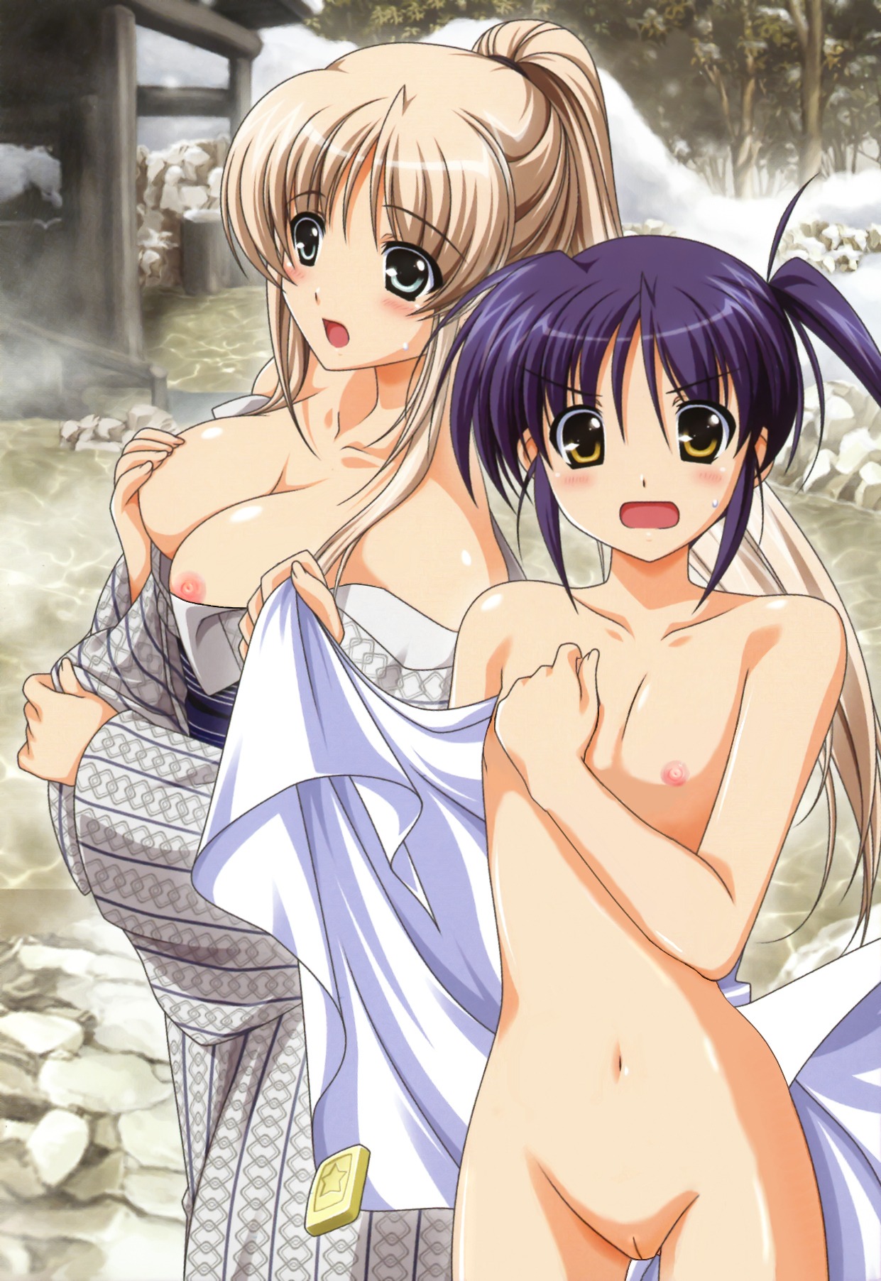 2girls blonde_hair female multiple_females multiple_girls nipples nude onsen open_mouth oppai photoshop purple_hair pussy rule34 short_hair surprised uncensored vagina