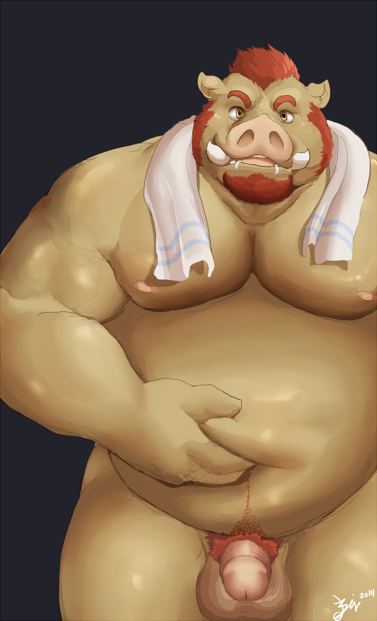 2014 amber_eyes anthro balls beard belly biceps bin_(artist) biped bodily_fluids drooling e621 facial_hair genitals goatee hair hi_res looking_at_viewer male mammal musclegut muscular muscular_anthro muscular_male nude overweight overweight_anthro overweight_male pecs penis pubes red_hair saliva solo suid suine sus_(pig) thick_penis towel towel_around_neck tusks wild_boar