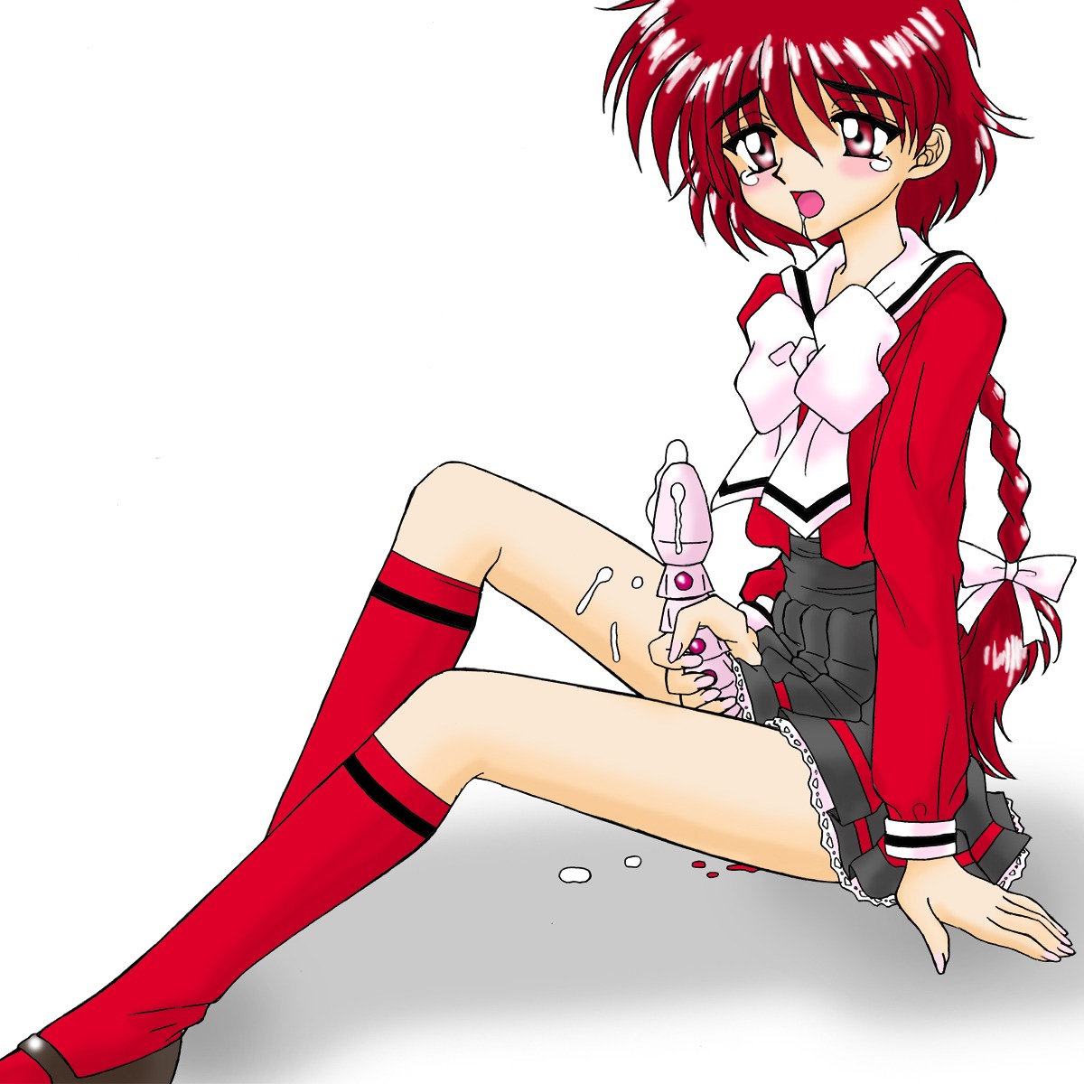 1girls artist_request bow breasts clothed_masturbation clothing female hikaru_shidou human light-skinned_female light_skin magic_knight_rayearth mary_janes masturbation rule34 school_uniform sex_toy shoes skirt solo tagme white_background