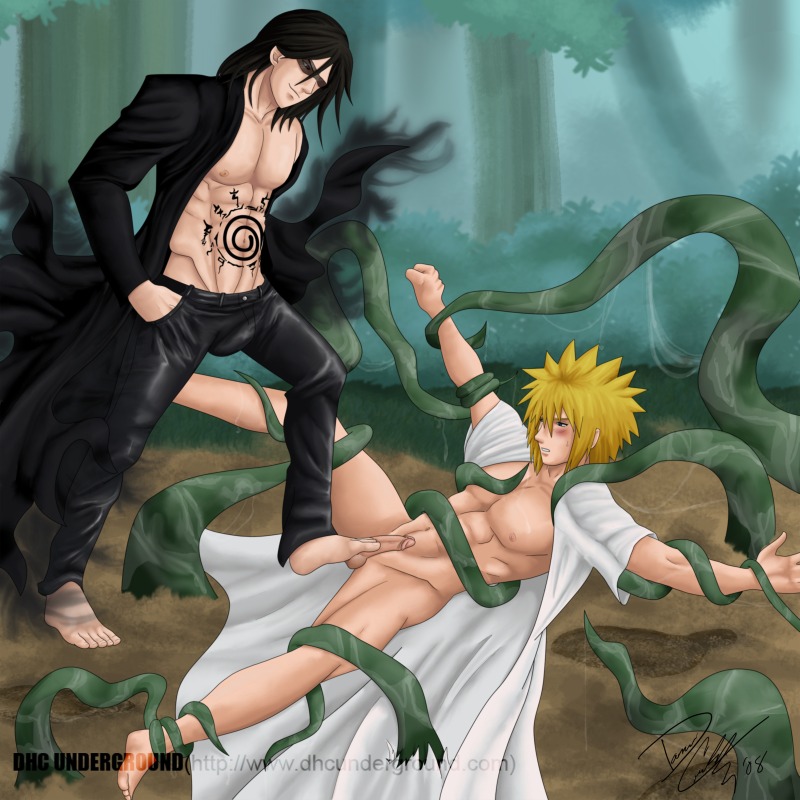 2008 2boys barefoot blush cloak_only dhc_underground feet foot_on_penis footjob gay heyohwhoa human looking_down male male_focus male_only multiple_males namikaze_minato naruto naruto_(series) penis restrained rule34 standing standing_footjob straight_hair sunglasses tentacles uncensored yaoi