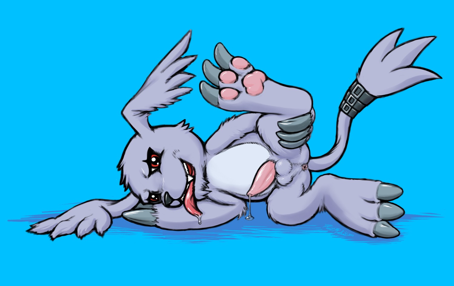 anthro anus backsack balls bandai_namco barefoot bodily_fluids digimon digimon_(species) drooling e621 erection feet gazimon genital_fluids genitals hi_res hindpaw ket-ralus male nude paws penis precum presenting saliva solo tail tongue