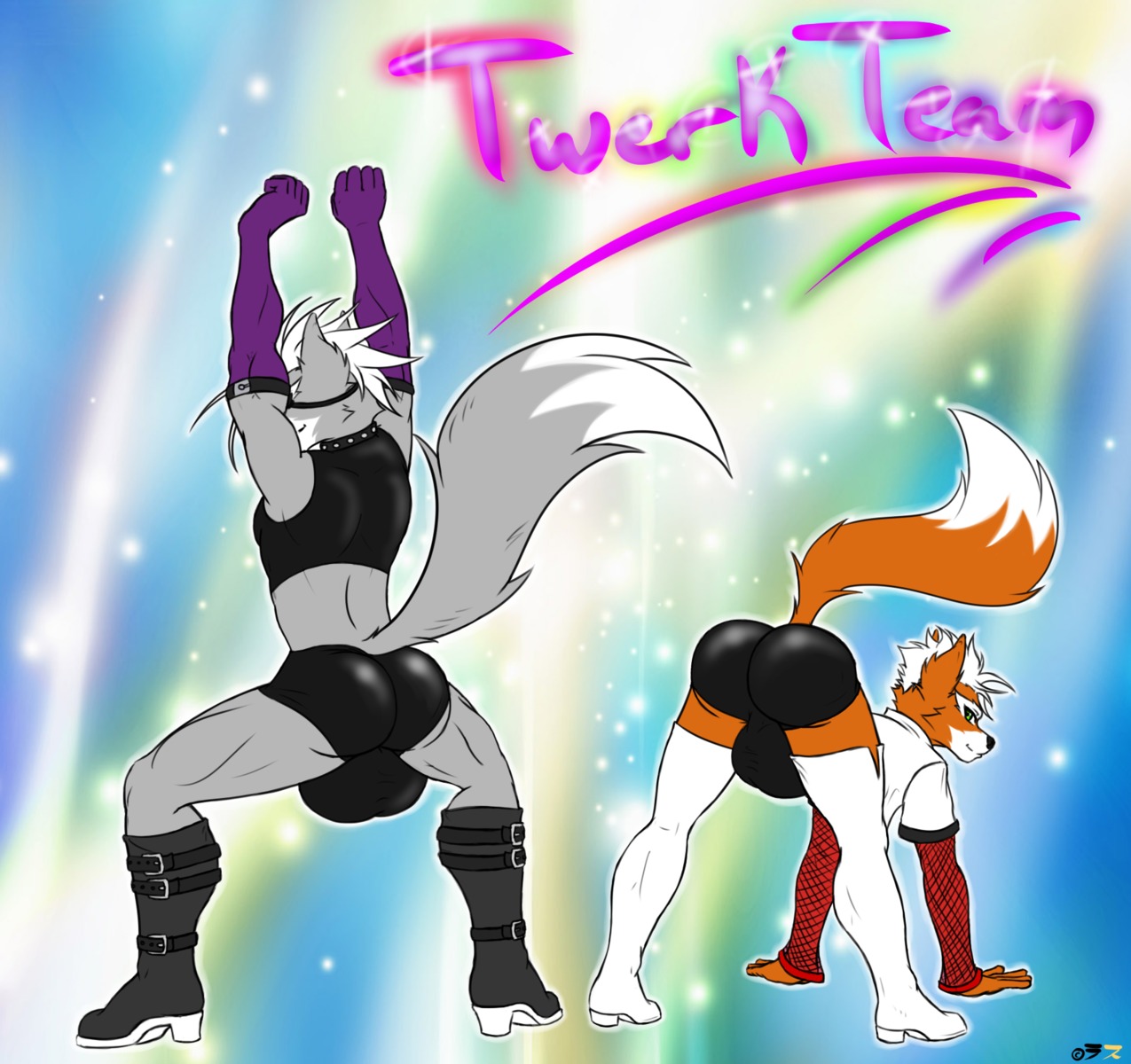 all_fours anthro ass_up athletic boots bulge butt canid canine canis clothed clothing collar duo e621 eye_patch eyewear femboy footwear fox fox_mccloud fur gloves green_eyes grey_body grey_fur hair handwear hi_res looking_at_viewer looking_back male mammal muscular nintendo orange_body orange_fur raised_tail rath_raholand rear_view shoes spread_legs spreading standing star_fox tail white_hair wolf wolf_o'donnell