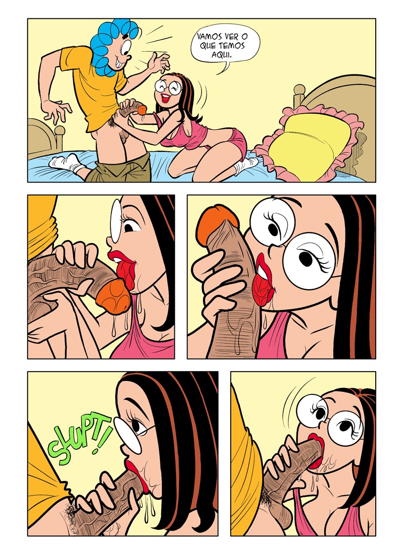 1boy 1girls bedroom blowjob blue_hair cleavage comic curly_(tdm) curly_hair female glasses latina licking_penis long_hair male monica's_gang pajamas pants_down penis portuguese_text pubic_hair rolo_(tdm) rule34 tina_(tdm) turma_da_monica