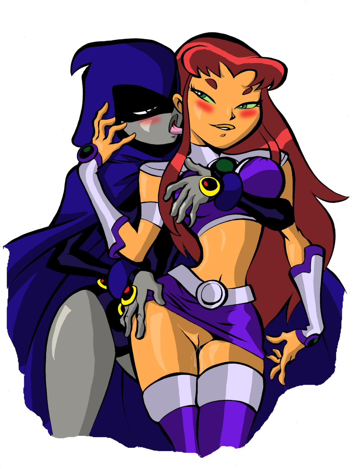 2girls boots cartoony dc dc_comics female female_only lesbian long_hair multiple_females multiple_girls rachel_roth raven_(dc) rule34 shaved_crotch smooth_skin starfire tagme teen_titans tongue tongue_out yuri