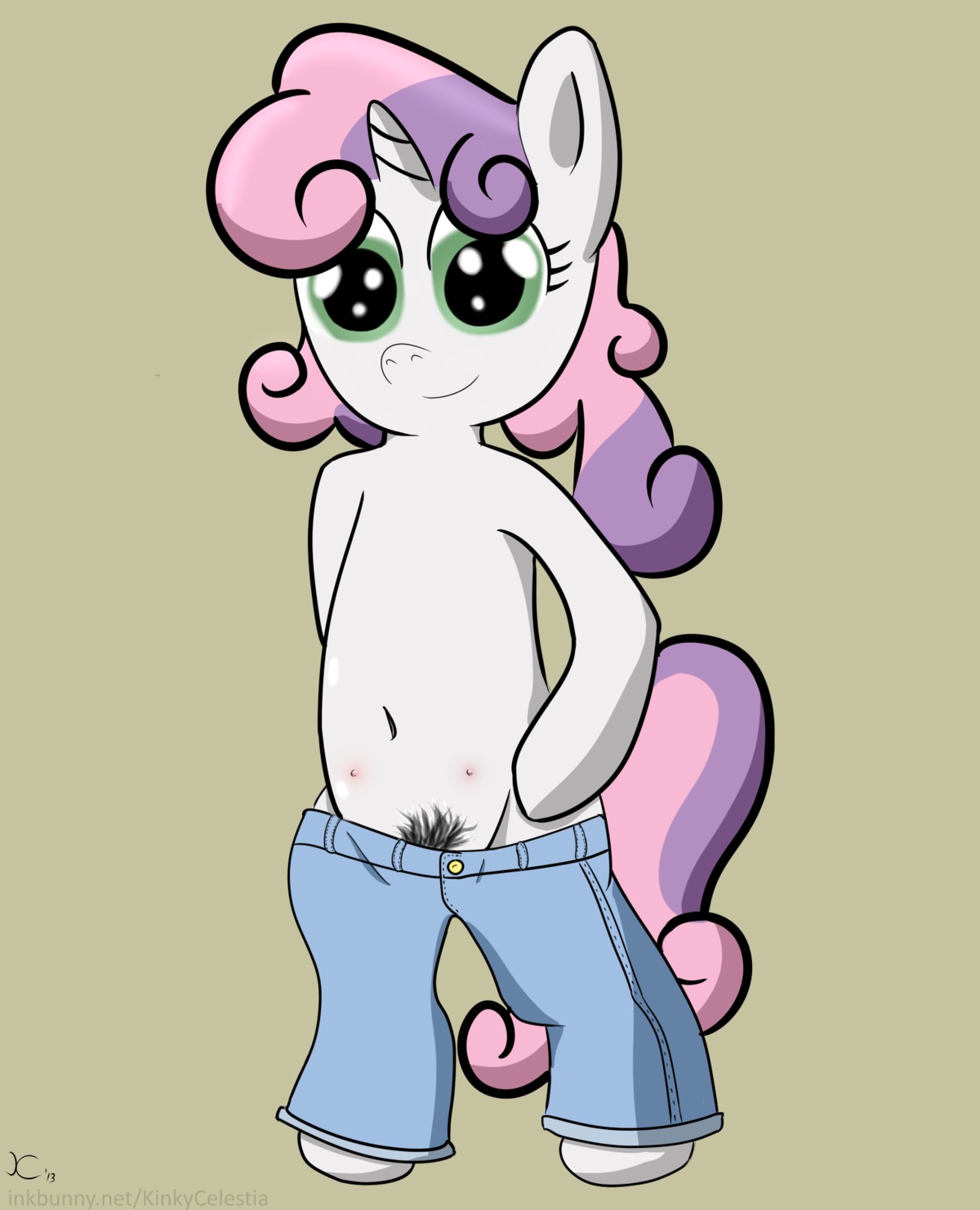 2013 anthro biped bottomwear clothing denim denim_bottomwear denim_clothing e621 equid equine female friendship_is_magic fur green_eyes hair hasbro hi_res horn jeans kinkycelestia loli mammal multicolored_hair my_little_pony mythological_creature mythological_equine mythology pants pubes simple_background smile solo standing sweetie_belle_(mlp) teats two_tone_hair unicorn white_body white_fur young young_anthro