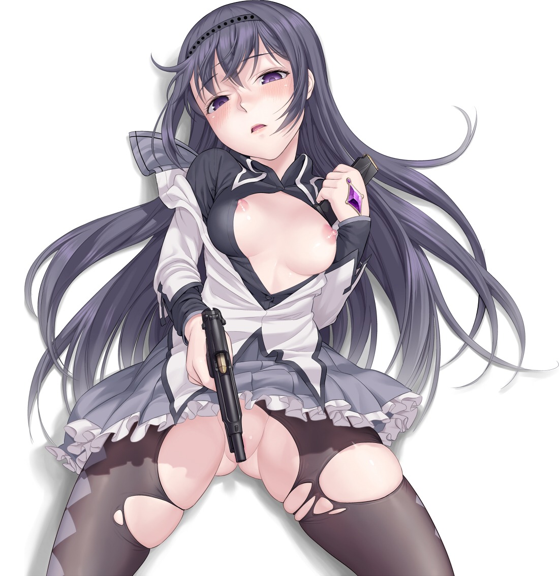 1girls akemi_homura argyle argyle_legwear beretta_92_(weapon) black_hair black_legwear blush bullet cartridge censored convenient_censoring female gun hairband handgun long_hair magazine_(weapon) magical_girl mahou_shoujo_madoka_magica nipples pantyhose pistol purple_eyes rule34 skindentation solo spread_legs torn_clothes torn_pantyhose undercover_brothers weapon