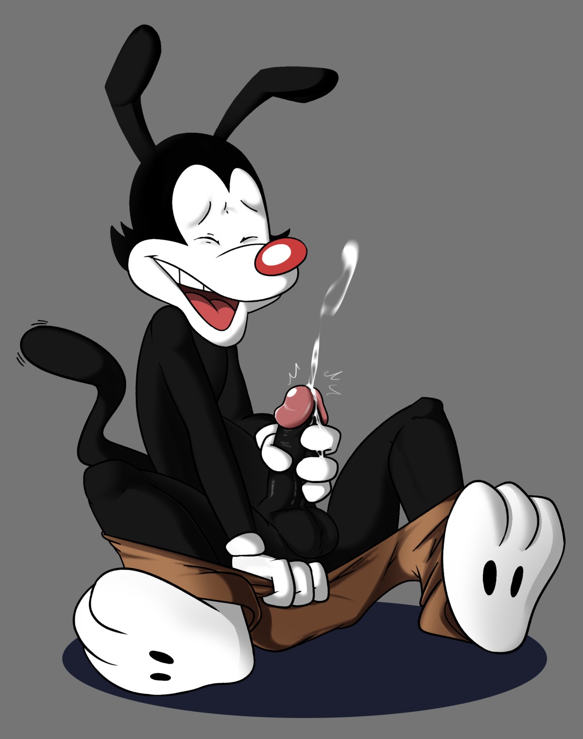 animaniacs balls black_body black_fur bodily_fluids clothed clothing cum cumshot e621 ejaculation erection eyes_closed fur genital_fluids genitals gloves handwear hi_res humanoid_genitalia humanoid_penis inkblot jerseydevil male mammal masturbation orgasm partially_clothed penile penile_masturbation penis simple_background smile solo warner_brothers yakko_warner