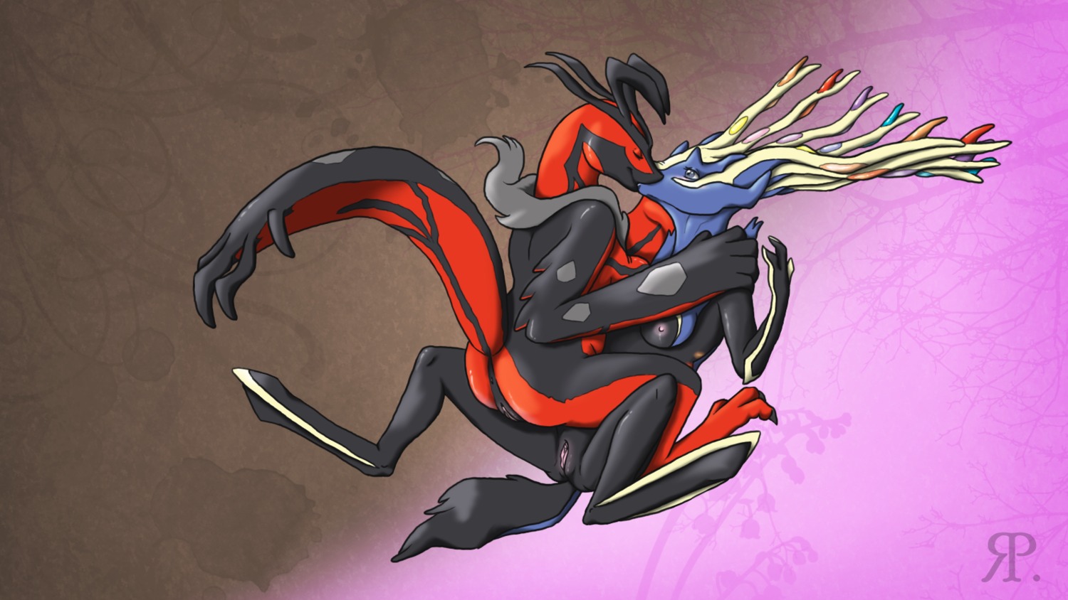 16:9 anthro anthro_on_anthro anthrofied avian breasts deer duo e621 female female/female generation_6_pokemon genitals hi_res interspecies kiss_on_lips kissing legendary_pokemon mammal nintendo pokemon pokemon_(species) pokemorph rotsuoy_wolfen vulva widescreen xerneas xerneas_(active_mode) yveltal