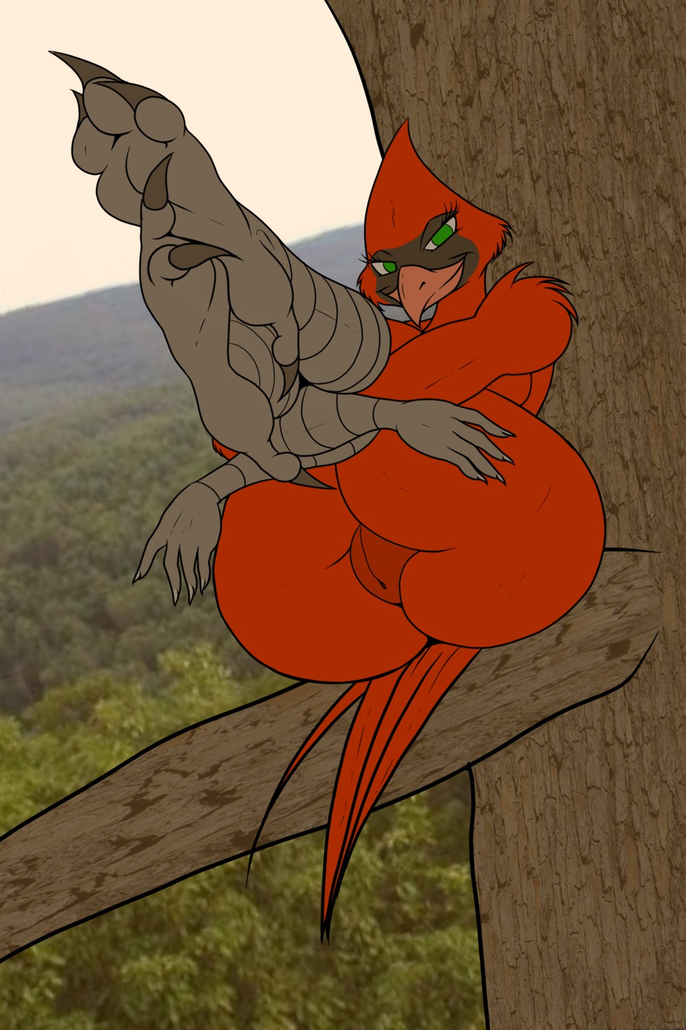 2013 3_toes anthro avian beak big_butt bird branch breasts butt cardinal_(bird) claws conditional_dnp digital_media_(artwork) e621 feathers feet female genitals green_eyes hi_res huge_butt in_tree legs_up mismatched_sexual_dimorphism non-mammal_breasts northern_cardinal on_branch oscine outside passerine plant plantigrade smile solo talons toes tree vulva zp92