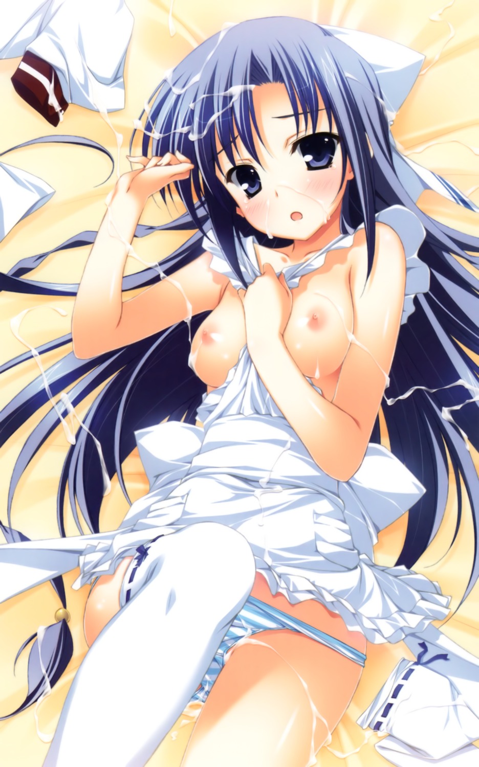 1girls 2d apron bed blue_eyes blue_hair blush breasts cum cum_on_body cum_on_breasts cum_on_clothes cum_on_hair cum_on_upper_body daiuchuu_no_hokori female female_only highres light-skinned_female light_skin long_hair lying lying_on_back lying_on_bed maria_do_arcadia naked_apron naked_thighhighs nipples nude on_back on_bed panties ribbon shimapan solo striped striped_panties thighhighs underwear very_long_hair yuuki_hagure