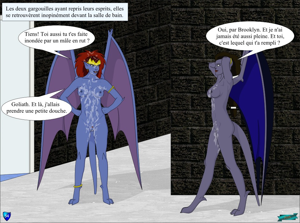 angela_(gargoyles) bodily_fluids breasts cum demona_(gargoyles) dialogue disney duo e621 fab3716 female french_text gargoyle gargoyles genital_fluids genitals humanoid irl_trace membrane_(anatomy) membranous_wings nipples nude tail text translated vulva wings