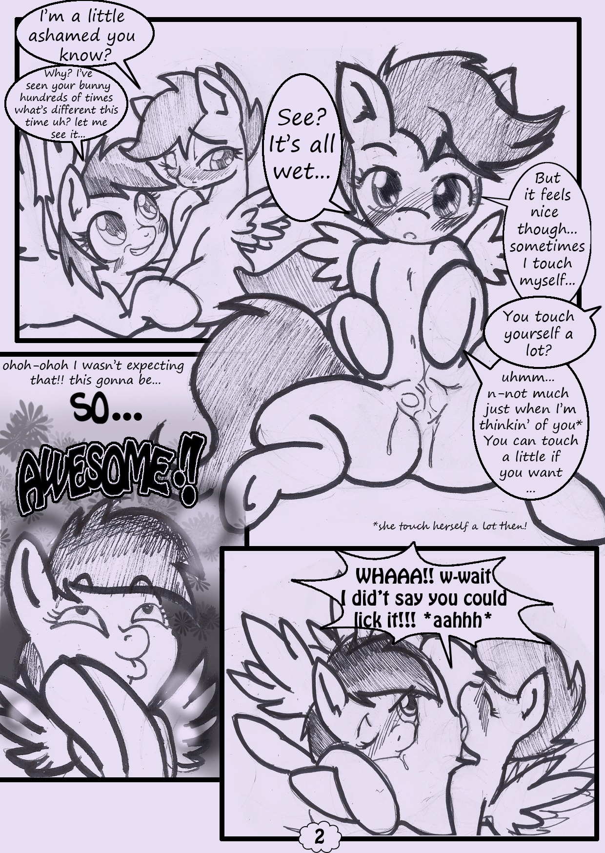 2013 anibaruthecat black_and_white blush bodily_fluids comic cunnilingus duo e621 english_text equid equine eyes_closed feathered_wings feathers female female/female feral friendship_is_magic genital_fluids genitals hair hasbro hi_res mammal monochrome my_little_pony mythological_creature mythological_equine mythology one_eye_closed oral outside pegasus rainbow_dash_(mlp) scootaloo_(mlp) sex sitting sketch smile text traditional_media_(artwork) vaginal vaginal_fluids vulva wings young young_feral