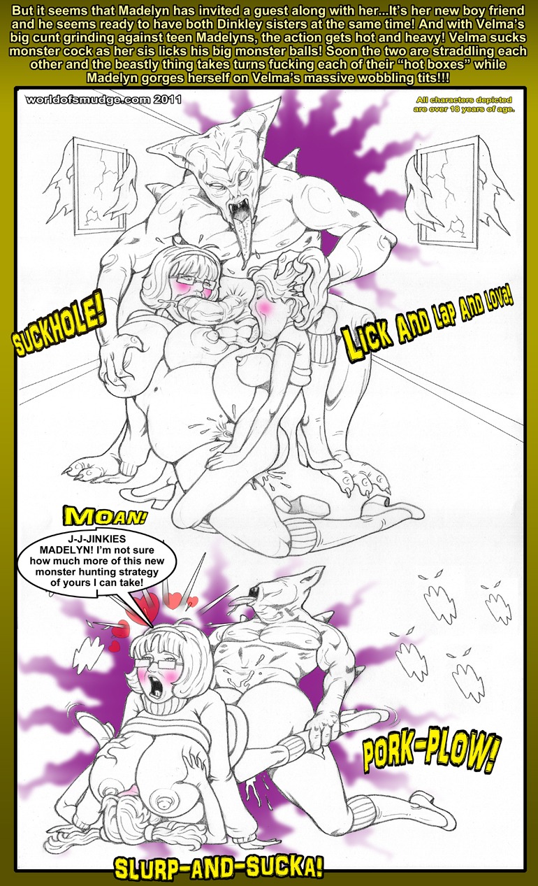 balls big_breasts bisexual blush bodily_fluids breast_grab breasts catchphrase comic cum cum_inside e621 english_text erection fellatio female female/female from_behind_position genital_fluids genitals group group_sex hand_on_breast hanna-barbera heart_symbol hi_res huge_breasts human human_penetrated humorous_sound_effects interjection jinkies madelyn_dinkley male male/female mammal monochrome monster monster_on_female nightmare_fuel nipples oral oral_penetration orgasm penetration penile penis profanity scooby-doo_(series) sex smudge text threesome trio velma_dinkley what what_has_science_done where_is_your_god_now