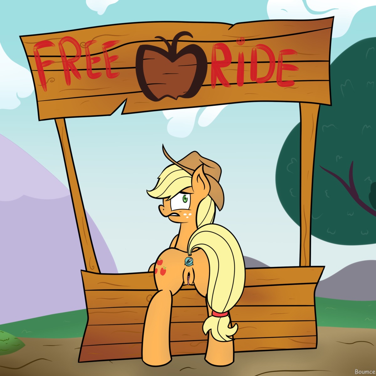 1:1 2013 anal anal_masturbation anal_penetration anus applejack_(mlp) boumce butt cloud cutie_mark dildo e621 earth_pony english_text equid equine female feral friendship_is_magic genitals hasbro hi_res horse looking_at_viewer looking_back mammal masturbation my_little_pony nude outside penetration pony presenting presenting_hindquarters presenting_vulva sex_toy sky solo tail text toying_self vulva