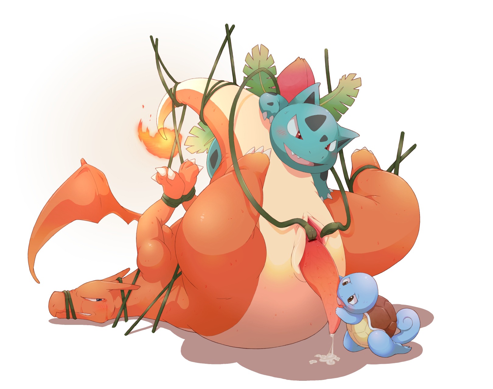 animal_genitalia bdsm blue_body blue_eyes blue_skin blush bodily_fluids bondage bound brown_eyes censor_removal_edit charizard cloaca cum cumshot dragon dripping e621 ejaculation erection fellatio feral fire flaming_tail forced generation_1_pokemon genital_fluids genital_slit genitals group hi_res ivysaur legs_up licking male membrane_(anatomy) membranous_wings mythological_creature mythological_scalie mythology nintendo oral orange_body orange_skin orgasm penetration penile penis penis_lick plant pokemon pokemon_(species) rape red_eyes scalie sex shell simple_background size_difference slit_penetration slit_play squirtle tail tapering_penis tears third-party_edit tongue tongue_out vertical_cloaca vine_whip vines white_background wings yonezmi