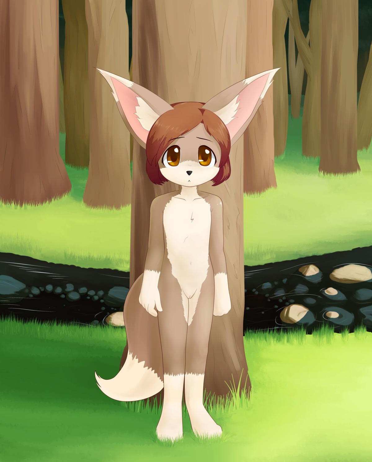absurd_res anthro barefoot barely_visible_genitalia barely_visible_vulva big_ears biped brown_eyes brown_hair canid canine casual_nudity child delicious_(artist) digital_drawing_(artwork) digital_media_(artwork) e621 featureless_chest feet female female_anthro fennec_fox fox front_view full-length_portrait genitals hair hi_res looking_at_viewer mammal nude nude_anthro nude_female outdoor_nudity outside plant plantigrade portrait pose river shaded short_hair soft_shading solo standing tail tree true_fox vulva young young_anthro young_female