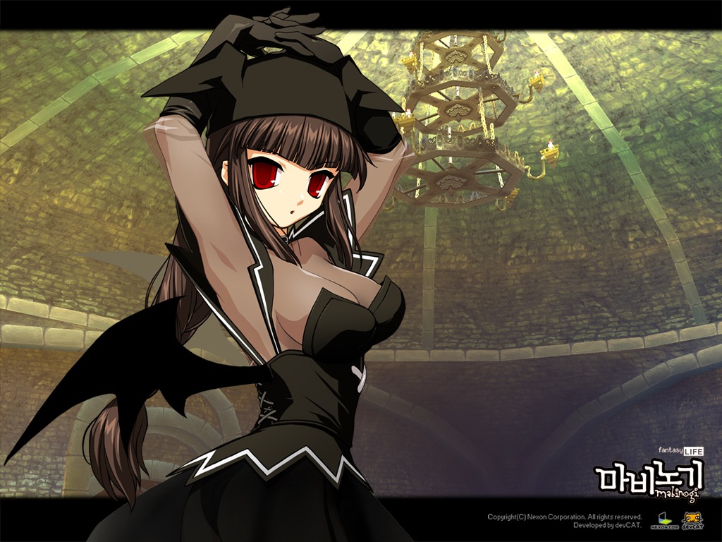 arms_up black_hair bodysuit breasts cleavage demon demon_girl elbow_gloves female gloves gothic hat long_hair looking_at_viewer mabinogi official_art ponytail red_eyes rule34 solo succubus succubus_(mabinogi) tied_hair wallpaper wings