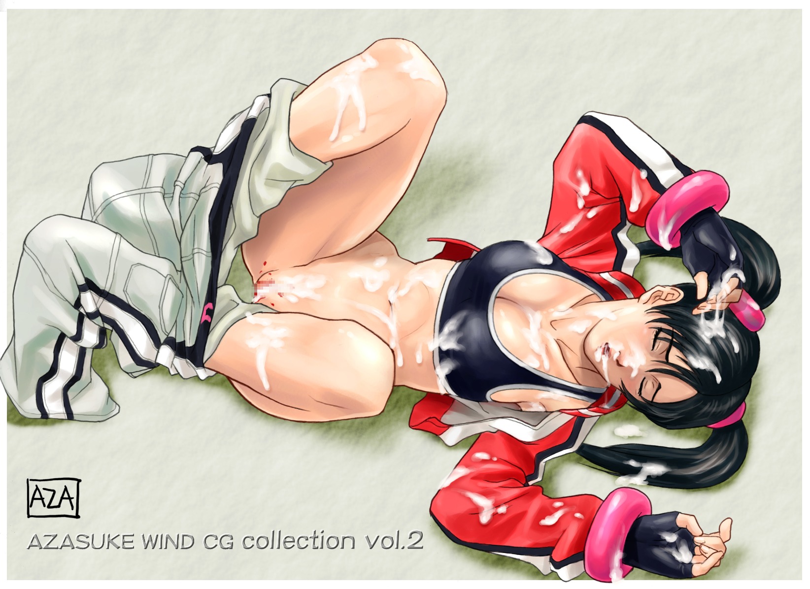 azasuke bikini_top black_hair blush brown_eyes censored female highres ling_xiaoyu no_panties pants_down pussy rule34 tekken tied_hair twintails