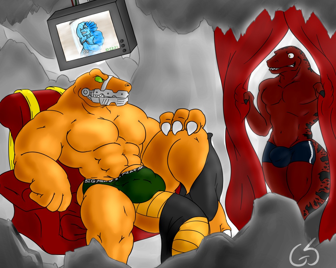 2011 4_fingers abs anthro athletic bad_rap balls balls_outline biceps big_balls big_muscles big_penis bottomwear boxer_briefs briefs brown_body brown_skin bulge chair claws clothed clothing detailed_bulge dinosaur dromaeosaurid duo e621 electronics extreme_dinosaurs eye_contact fingers flaccid furniture genital_outline genitals glaciersnow green_eyes h_raptor lizard looking_at_another male male/male muscular muscular_male nude pecs penis penis_base pose prehistoric_species red_body red_skin reptile saurischian scales scalie shorts signature sitting spike_(extreme_dinosaurs) spread_legs spreading standing tail television theropod thick_tail toe_claws topless underwear velociraptor