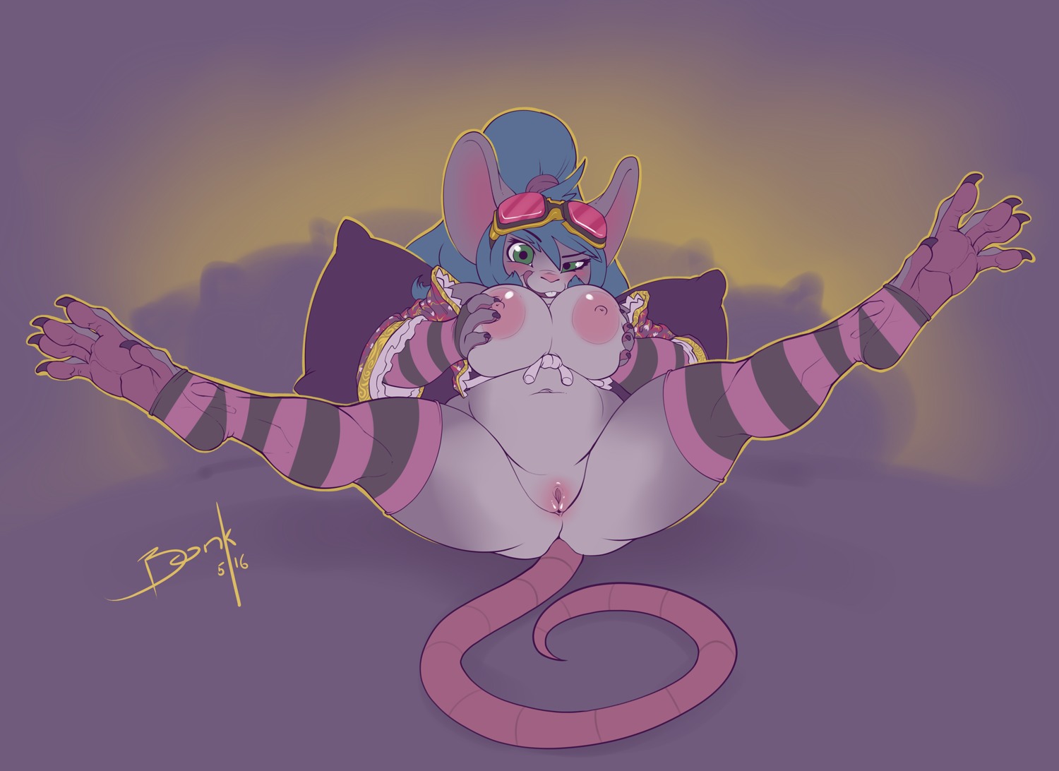 2014 anthro biped bonk breasts clothing digital_media_(artwork) e621 eyewear female footwear genitals goggles hi_res legwear looking_at_viewer lying mammal mouse murid murine nipples nude on_back rodent socks solo spread_legs spreading stockings toeless_footwear toeless_socks vulva