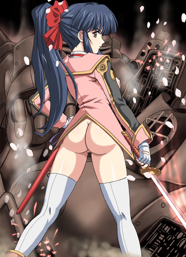 1girls ass blue_hair bodysuit bow breasts brown_eyes clothing female goldmund hair_ribbon long_hair looking_at_viewer looking_back medium_breasts nipples ponytail rule34 sakura_shinguji sakura_wars stockings sword tagme