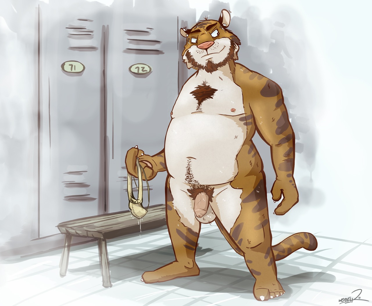 anthro balls barefoot beard biped body_hair chest_hair e621 facial_hair feet felid flaccid foreskin genitals gully hairy humanoid_genitalia humanoid_penis male mammal nipples nude pantherine penis pink_nose pubes solo stripes tiger