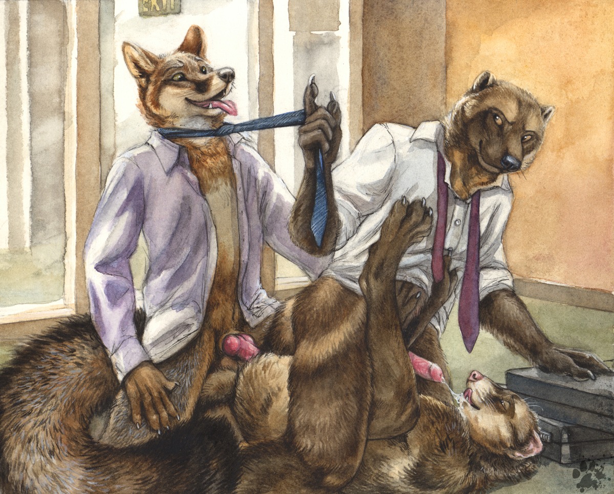 2012 accessory anal anal_penetration animal_genitalia animal_penis anthro blotch blue_necktie bodily_fluids bottomless bottomless_anthro bottomless_male briefcase brown_body brown_fur canid canine canine_genitalia canine_penis clothed clothed/nude clothed_anthro clothed_male clothing clothing_pull cum cum_on_face cum_string domestic_ferret e621 erection exhibitionism exit_sign fellatio fellatio_while_penetrating flexible fox fur genital_fluids genitals grey_fox group group_sex gulonine kneeling knot legs_up looking_pleasured lying male male/male male_penetrated male_penetrating male_penetrating_male mammal mostly_nude mostly_nude_anthro mostly_nude_male mustelid musteline necktie necktie_only necktie_pull nude nude_anthro nude_male office on_back open_clothing open_shirt open_topwear oral oral_while_penetrating orgasm_face penetration penile penis public public_nudity public_sex red_necktie scratches_volume_6 sex shirt shirt_only suitcase tail threesome tongue tongue_out topwear topwear_only traditional_media_(artwork) train_position trio true_musteline unprofessional_behavior unusual_position urocyon weasel white_clothing white_shirt white_topwear wolverine