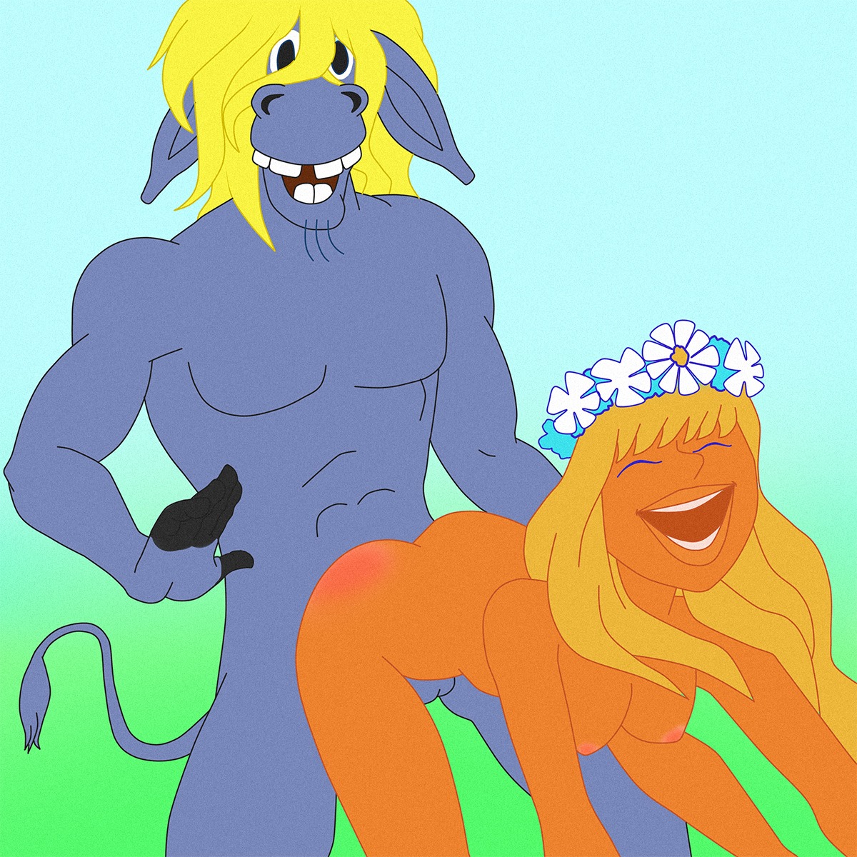 1:1 anthro balls bent_over breasts butt duo e621 eyes_closed fairy_tales female genitals hamsy hi_res human human_on_anthro interspecies male male/female mammal nipples open_mouth russian sex soviet_cartoon soyuzmultfilm toony town_musicians_of_bremen