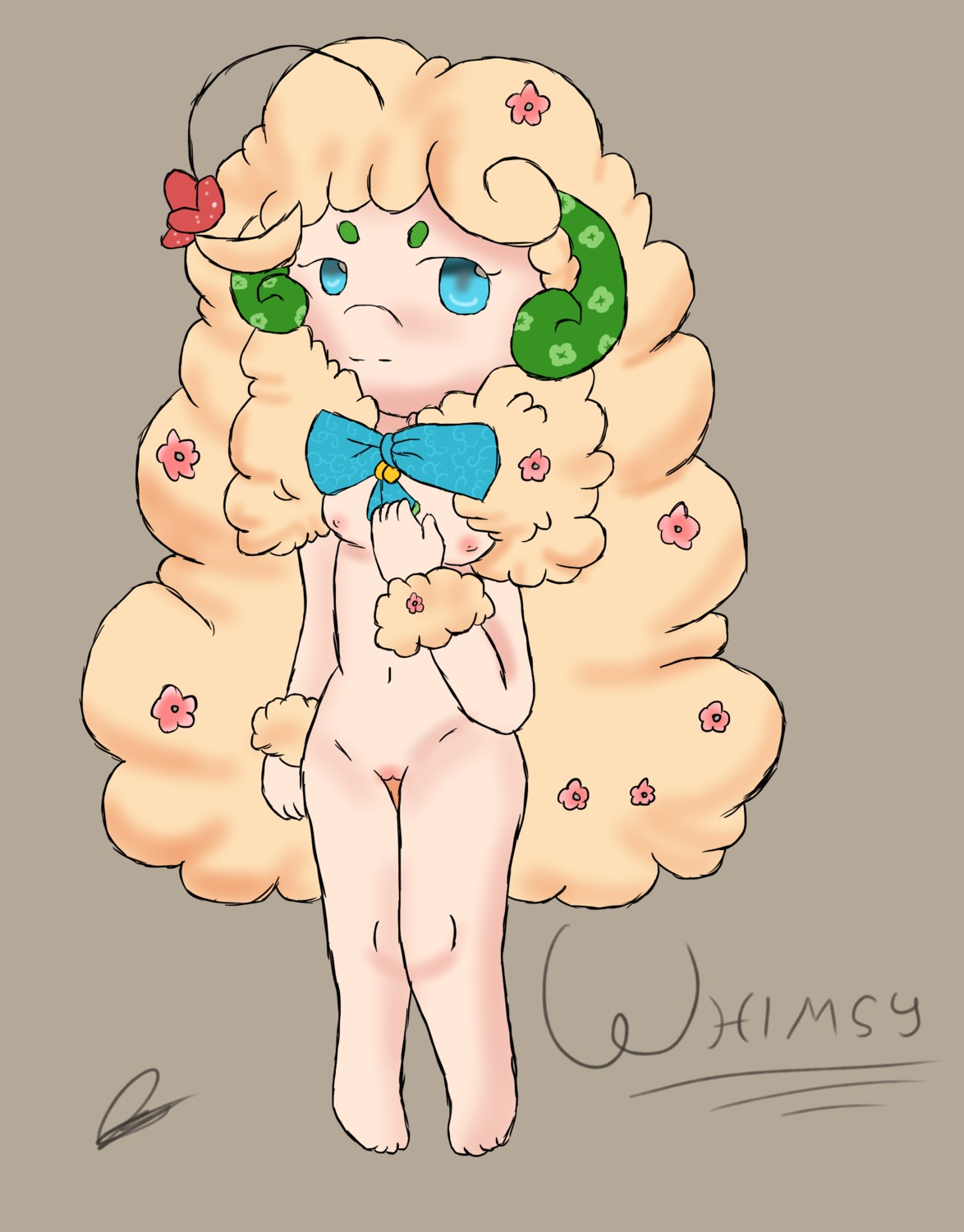 blue_eyes breasts e621 female fur generation_5_pokemon genitals hair hi_res horn humanoid long_hair looking_at_viewer nintendo nipples nude pokemon pokemon_(species) ribbons simple_background skyffan smile solo vulva whimsicott wool_(fur)
