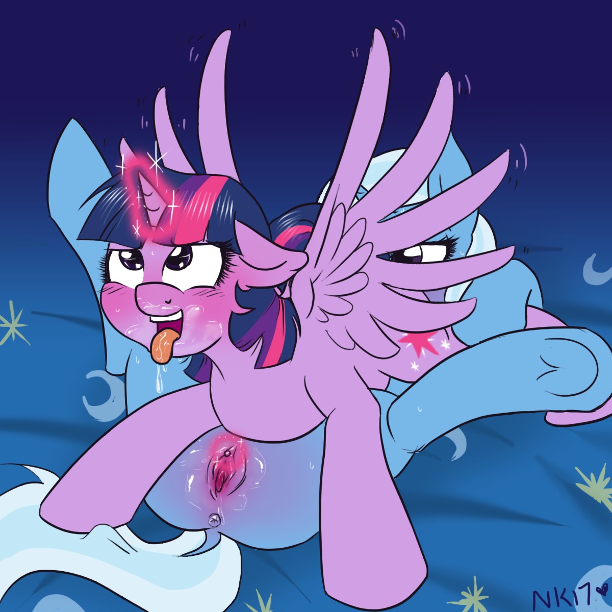 1:1 2014 anus blue_body blue_fur blush bodily_fluids cutie_mark duo e621 equid equine feathered_wings feathers female female/female female_on_bottom female_on_top feral friendship_is_magic fur genital_fluids genitals glowing hair hasbro hi_res horn legs_up lying mammal multicolored_hair my_little_pony mythological_creature mythological_equine mythology naomisnaughtynook nude on_back on_bottom on_front on_top open_mouth oral purple_body purple_eyes purple_fur purple_hair spread_legs spreading tongue tongue_out trixie_(mlp) twilight_sparkle_(mlp) two_tone_hair unicorn vaginal_fluids vulva winged_unicorn wings