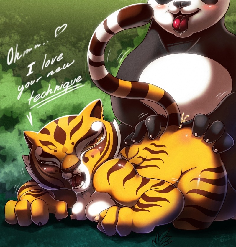 2011 all_fours amber_eyes anthro bear bent_over black_body black_fur black_nose blush bodily_fluids breast_rest breasts brown_body brown_fur butt butt_grab claws cum dialogue doggystyle dreamworks drooling duo e621 english_text fangs felid female female_penetrated from_behind_position fur genital_fluids giant_panda grass hand_on_butt heart_symbol interspecies kung_fu_panda male male/female male_penetrating male_penetrating_female mammal master_po_ping master_tigress nancher nipples nude one_eye_closed open_mouth outside pantherine penetration plant saliva sex stripes tail tears teeth text tiger tongue