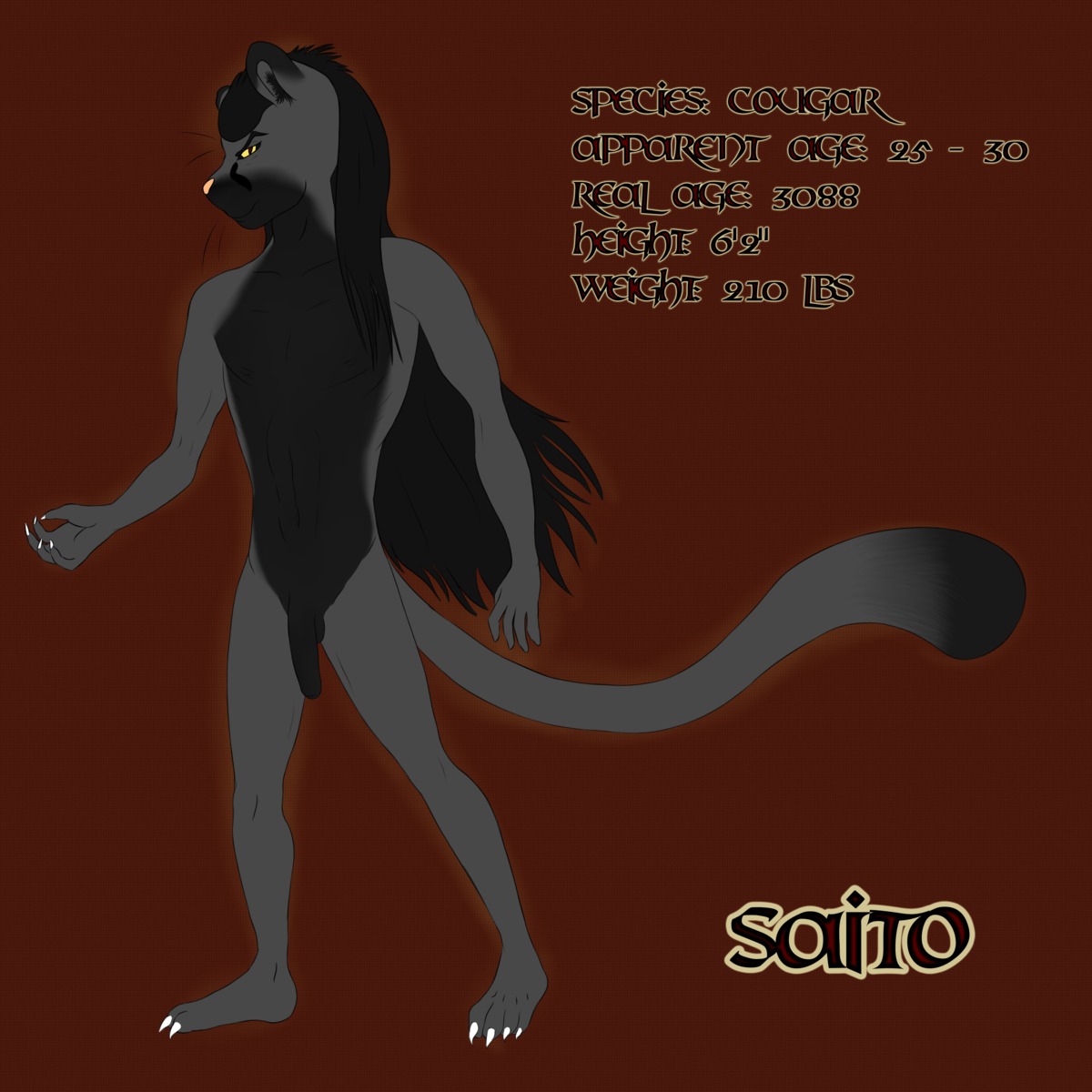 1:1 absurd_res anthro black_hair black_penis black_sclera cougar dxm e621 felid feline flaccid genitals hair hi_res male mammal model_sheet nude penis solo tail yellow_eyes