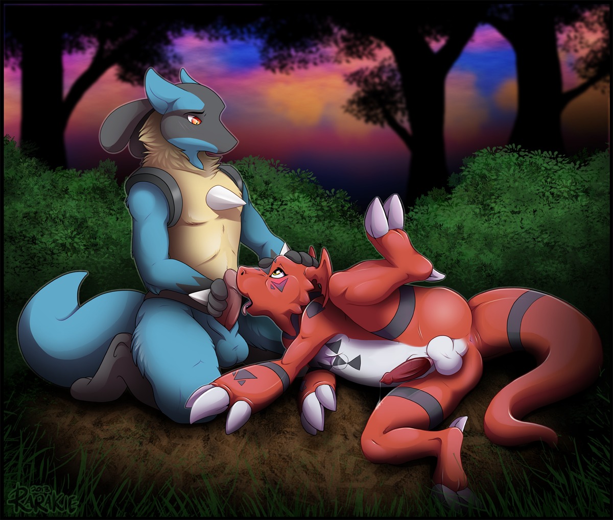 2013 2_toes 3_fingers afternoon anthro anus backsack bald balls bandai_namco black_nose blue_body blue_fur blush bodily_fluids butt canid canine claws cloud crossover cum cum_string detailed_background digimon digimon_(species) digital_hazard dragon duo e621 erection feet fellatio feral fingers forest fur generation_4_pokemon genital_fluids genitals glistening grass guilmon hand_on_head interspecies licking lizard looking_down looking_up lucario lying male male/male male_penetrated male_penetrating male_penetrating_male mammal markings muscular mythological_creature mythological_scalie mythology nature nintendo nude on_side open_mouth oral outside pecs penetration penile penis penis_lick pink_penis plant pokemon pokemon_(species) raised_leg rarakie red_body red_eyes red_nose red_penis red_skin reptile scalie sex shadow shrub sitting sky spikes spread_legs spreading symbol tail teeth toe_claws toes tongue tongue_out tree yellow_body yellow_eyes yellow_fur