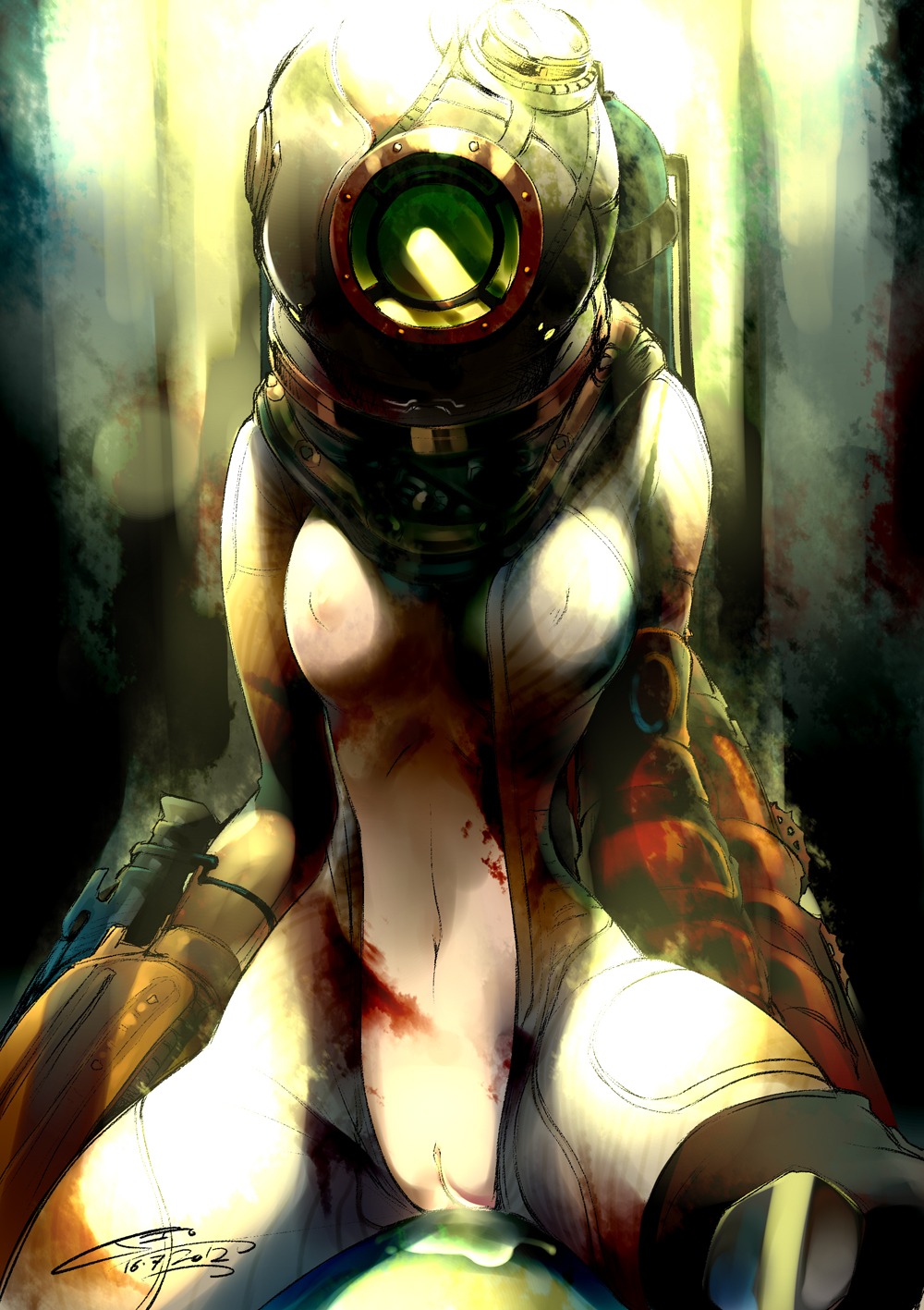 2012 2k_games big_sister_(bioshock) bioshock blood bodily_fluids breasts cum cum_from_vagina cum_in_vagina cum_inside e621 female genital_fluids genitals grandfathered_content hi_res human iopichio looking_at_viewer mammal not_furry solo vulva