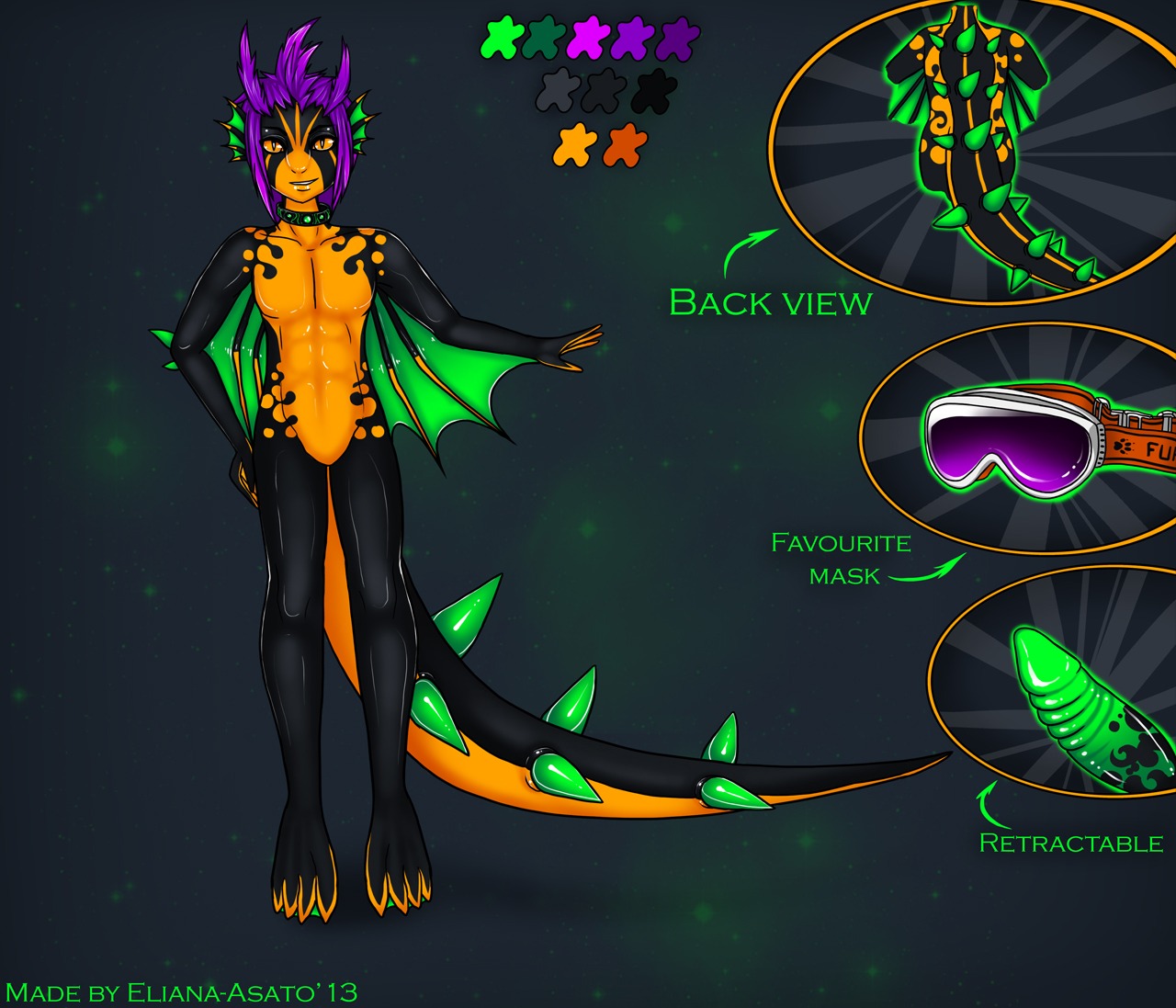 2013 amphibian anthro dark_body dark_skin e621 eliana-asato english_text fin genitals glowing glowing_genitalia glowing_penis green_penis hair lizard male mask membrane_(anatomy) membranous_wings model_sheet orange_body orange_eyes orange_skin penis purple_hair reptile salamander scalie short_hair solo spines text wings