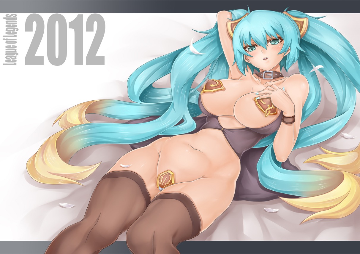 belt belt_collar big_breasts blue_eyes blue_hair blue_nails breasts choker covered_crotch covered_nipples covered_pussy exposed_breasts female hand_behind_head hand_on_breast large_breasts laying_on_bed league_of_legends multicolored_hair nail_polish open_mouth pussy rule34 simple_background sona_buvelle stockings thick_hips thick_thighs twintails wristband