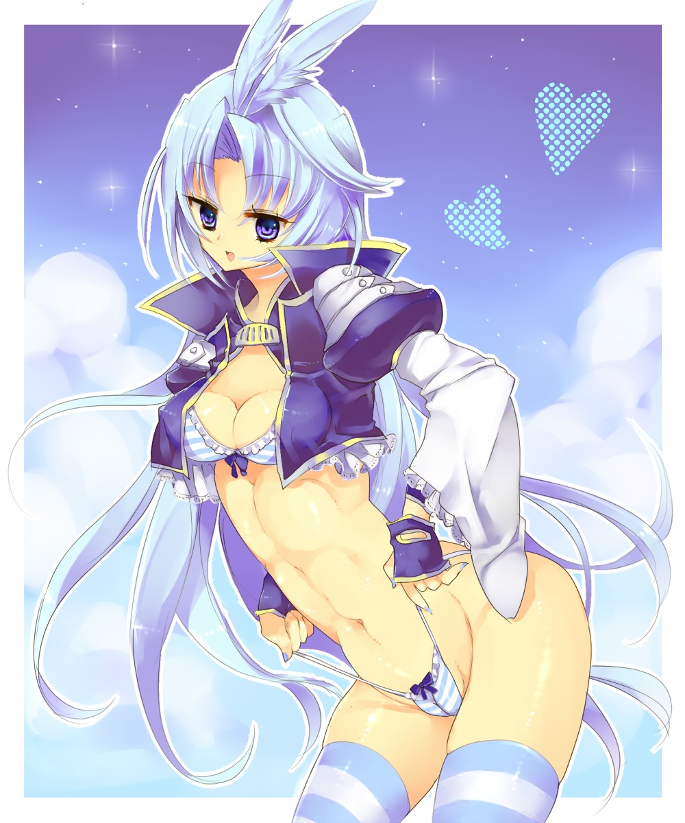 blue_eyes blue_hair bow bow_bra bow_panties bra breasts cameltoe cleavage female female_kuja final_fantasy final_fantasy_ix fingerless_gloves gloves heart highres kuja lingerie long_hair midriff navel open_mouth panties panty_pull pussy rule34 rule_63 self_wedgie side-tie_panties smile solo striped striped_bra striped_panties thighhighs underwear very_long_hair wedgie ziz_(pantwo)