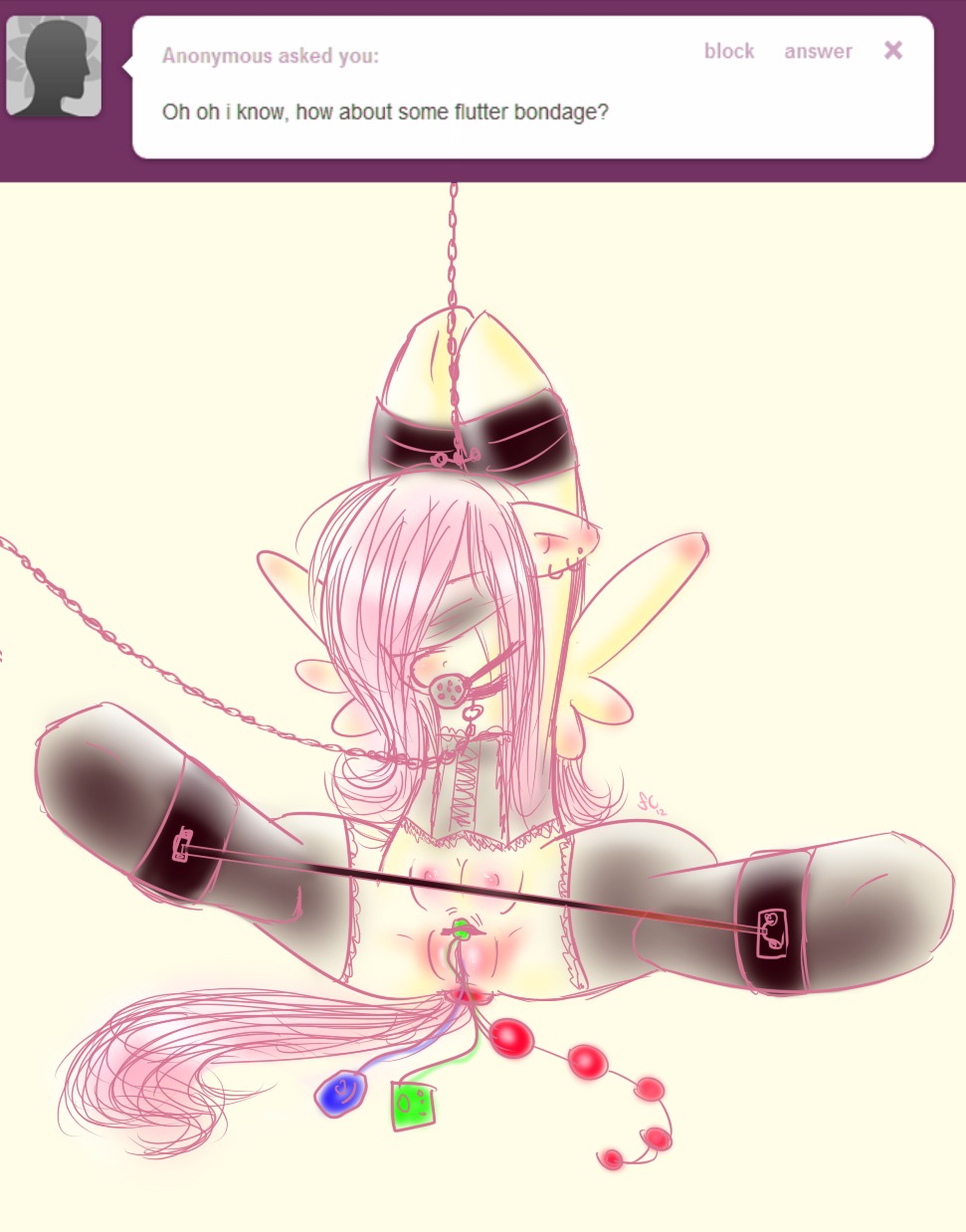 2012 anal anal_penetration ask_blog ball_gag bdsm bound chain clothing collar corset e621 ear_piercing english_text equid equine feathered_wings feathers female feral fluttershy_(mlp) friendship_is_magic gag gagged genitals hair hasbro hi_res legwear lingerie mammal mrfatcakes my_little_pony mythological_creature mythological_equine mythology pegasus penetration piercing pink_hair restraints sex_toy simple_background solo spread_legs spreader_bar spreading stockings submissive submissive_female tail teats text topwear tumblr vibrator vulva wings yellow_body yellow_feathers