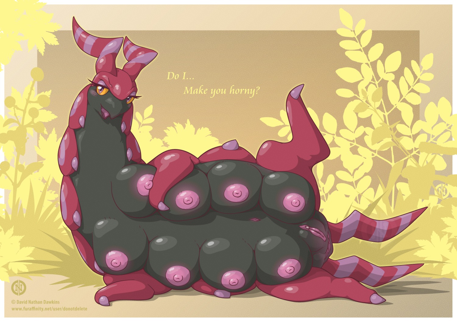 8_breasts anus areola arthropod big_breasts big_nipples black_nose blush boobipede breaking_the_fourth_wall breast_creature breasts busty_feral copyright_symbol dialogue donotdelete e621 ellipsis english_text eyelashes feet female feral flower generation_5_pokemon genitals glistening happy horn looking_at_viewer lying multi_breast multi_nipple myriapod nintendo nipples non-mammal_breasts non-mammal_nipples on_side open_mouth pink_areola pink_nipples plant pokemon pokemon_(species) presenting presenting_vulva purple_eyes question_mark raised_leg scolipede shadow smile solo spread_legs spreading symbol text tongue vulva yellow_sclera