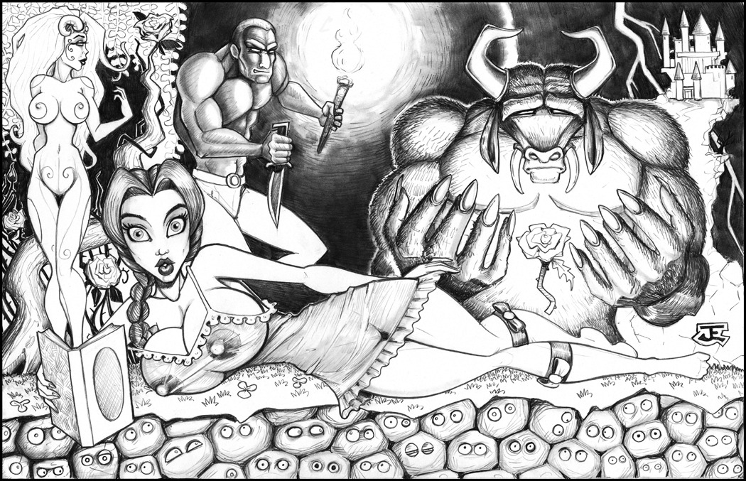 anklet anthro areolae beast_(disney) beauty_and_the_beast_(1991_film) belle_(beauty_and_the_beast) breasts cleavage disney disney_prince disney_princess erect_nipples eyebrows eyelashes eyeliner eyeshadow female french_braid hourglass_figure human knife large_breasts larger_male lipstick makeup male monochrome monster nightgown nipples rose rule34 see-through size_difference smaller_female torch zeus_(artist)