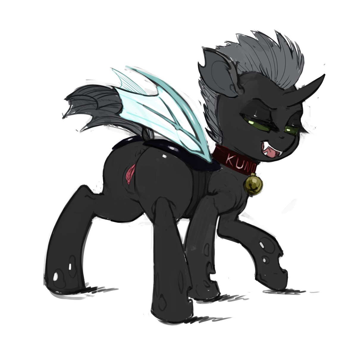 1:1 absurd_res anus arthropod bedroom_eyes bell bell_collar butt changeling_(mlp) clitoris collar digital_media_(artwork) e621 eyelashes fan_character fangs female feral friendship_is_magic genitals green_eyes hair half-closed_eyes hasbro hi_res hole_(anatomy) horn insect_wings kevinsano kuno_(aaoth) looking_at_viewer looking_back mohawk my_little_pony narrowed_eyes open_mouth presenting raised_tail seductive simple_background solo spread_vulva spreading tail teeth third-party_edit tongue vulva white_background wings