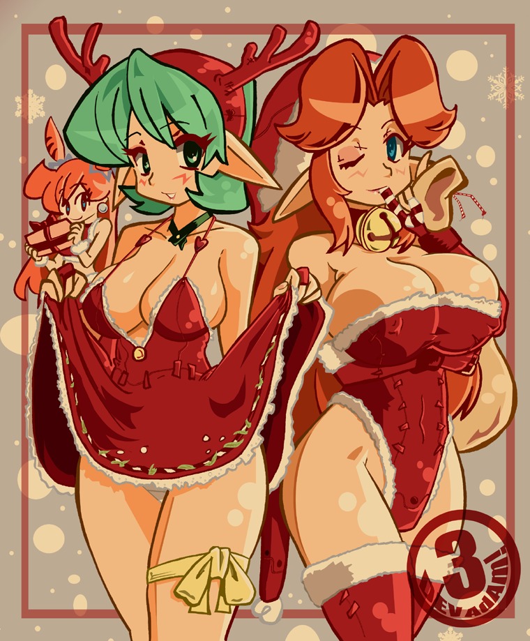 2010 3_dev_adam aged_up alternate_body_type alternate_breast_size alternate_breast_size_(larger) arm_under_breasts ball_earrings bb bell_collar big_breasts blue_eyes blush boots breasts candy_cane_in_mouth christmas cleavage clothing dress dress_lift elf_ears female female_only green_eyes green_hair huge_breasts jingle_bell kokiri long_hair long_red_hair looking_at_viewer luigi64 malon multiple_females multiple_girls nintendo ocarina_of_time panties pantyshot present ranch_girl red_boots red_hair reindeer_antlers ribbon ribbon_on_thigh rule34 santa_costume saria short_green_hair short_hair straight_hair the_legend_of_zelda thigh_boots thighhighs underwear winking_at_viewer