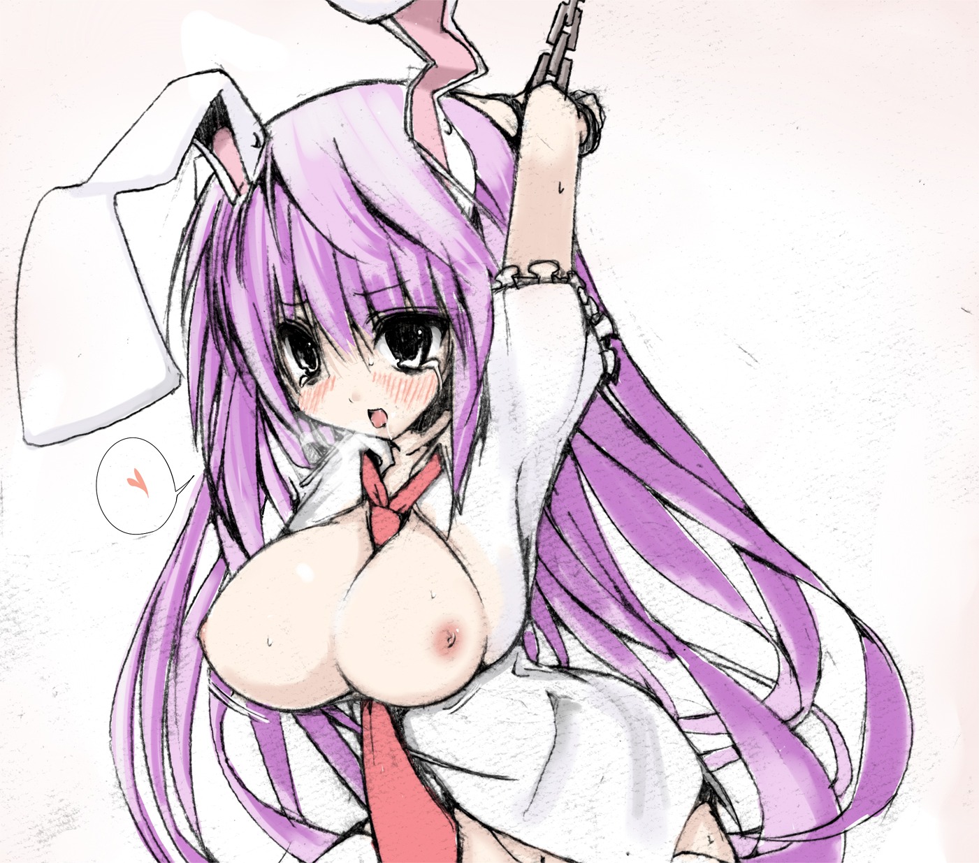 1girls animal_ears blush bondage breasts bunny_ears chains cruelty_to_animals cuffs female heart highres large_breasts long_hair necktie nipples open_clothes open_mouth open_shirt purple_hair reisen_udongein_inaba rule34 shirt solo suzume_miku suzumemiku sweat tears thighhighs touhou