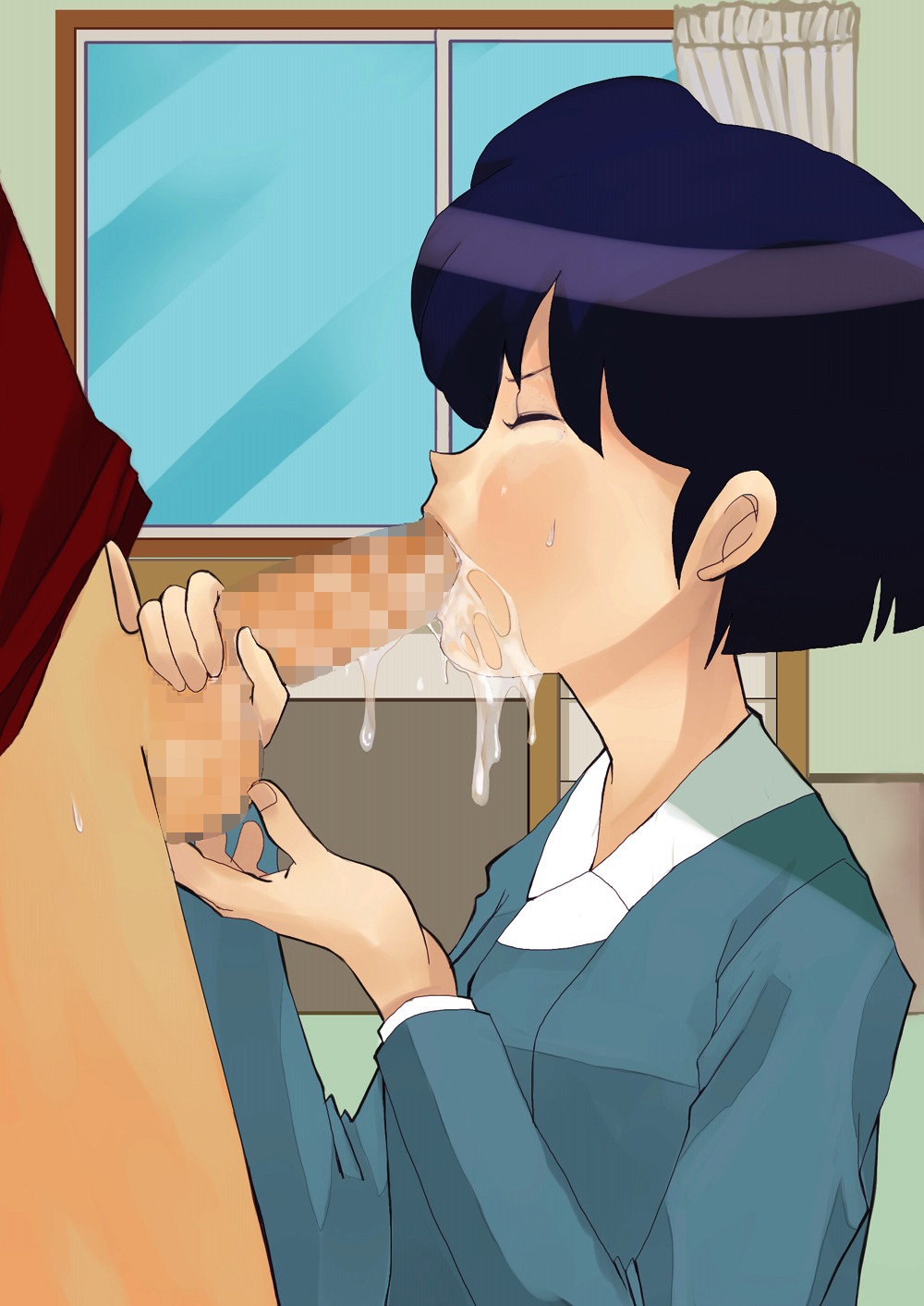 akane_tendo blue_hair censored closed_eyes clothing cum fellatio female hair highres human male oral ranma-kun ranma_1/2 ranma_saotome rule34 school_uniform shigure_(artist) short_hair straight window
