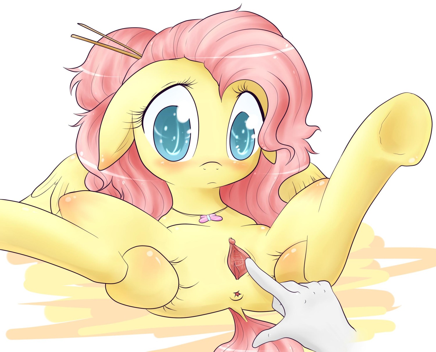 2014 anus blue_eyes blush disembodied_hand duo e621 equid equine feathered_wings feathers female feral fluttershy_(mlp) friendship_is_magic fur genitals hair hasbro hi_res hooves long_hair mammal my_little_pony mythological_creature mythological_equine mythology pegasus pink_hair saucymauler simple_background solo_focus spread_legs spreading vulva white_background wings yellow_body yellow_feathers yellow_fur