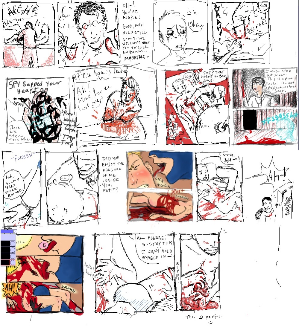 2boys blood blowjob color colored colored_sketch comic comic_page english english_text glasses gore licking licking_nipples male male_only medic_(team_fortress_2) multiple_boys multiple_males oral pain rape rule34 scout_(team_fortress_2) sketch spy_(team_fortress_2) surgery team_fortress_2 text text_bubble valve yaoi