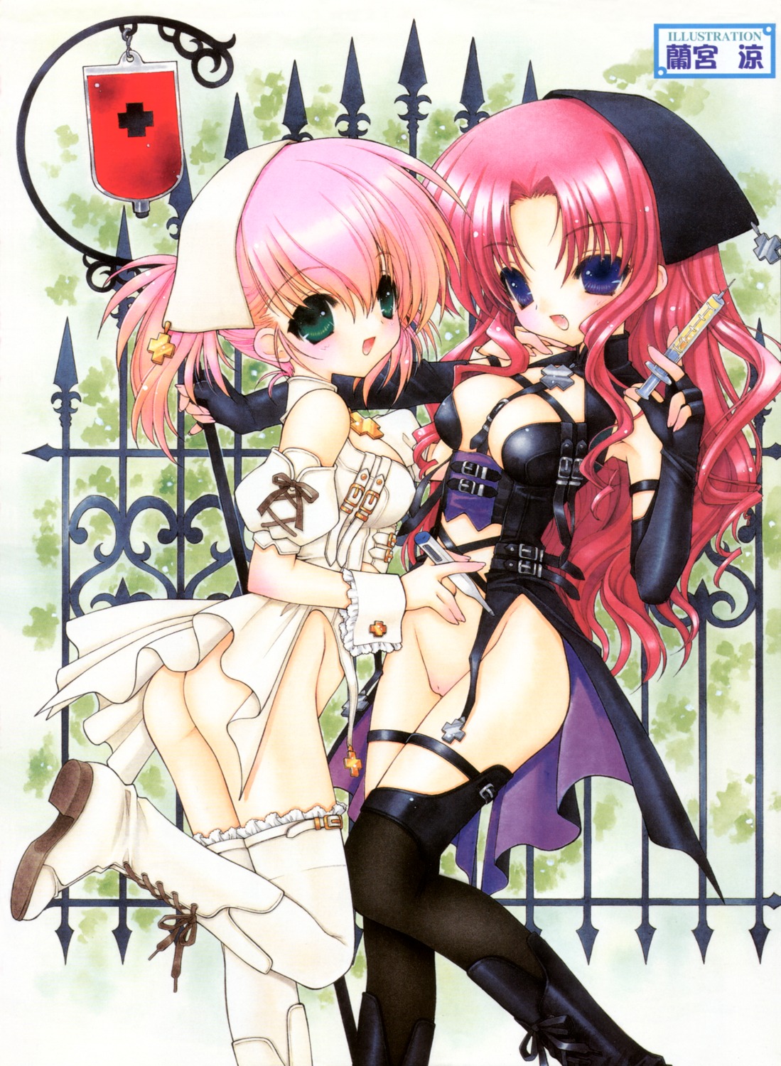 2girls belt between_breasts black_legwear blood blood_bag blue_eyes boots breastless_clothes breasts cleavage copyright_request female green_eyes hat high_resolution leather multiple_females multiple_girls no_panties nurse nurse_cap open_mouth pink_hair pussy ramiya_ryou rule34 scan smile syringe thermometer thighhighs white_legwear wrist_cuffs yuri