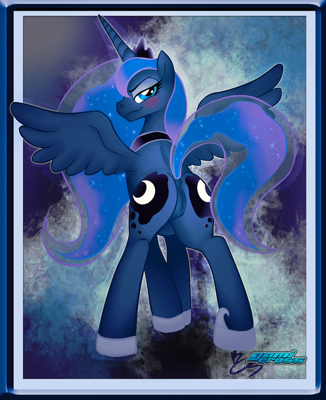 2012 abstract_background anus blue_body blue_eyes blue_feathers blue_hair blush butt buttercup_saiyan cosmic_hair cutie_mark dark_nek0gami e621 equid equine ethereal_hair feathered_wings feathers female feral friendship_is_magic full_moon gamicross genitals hair hasbro hi_res hooves horn long_hair looking_at_viewer looking_back mammal moon multicolored_hair my_little_pony mythological_creature mythological_equine mythology naughty_face night presenting presenting_hindquarters princess_luna_(mlp) purple_hair raised_tail rear_view simple_background smile solo sparkles standing starry_hair tail tail_anus vulva winged_unicorn wings