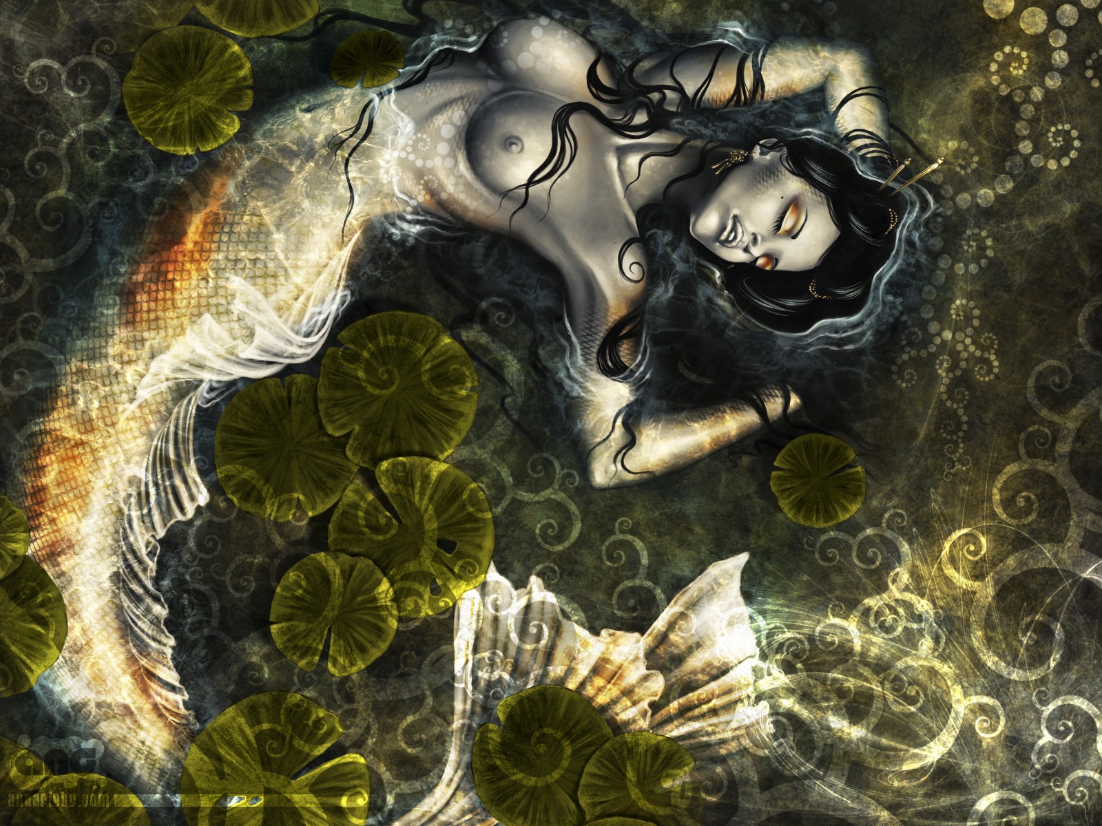 4:3 amur_carp anna_rigby aquatic black_hair breasts carp cyprinid cypriniform e621 ear_piercing eyes_closed eyeshadow female fin fish hair hi_res koi long_hair makeup merfolk nipples non-mammal_breasts non-mammal_nipples orange_body orange_scales piercing scales solo split_form typical_carp wallpaper water